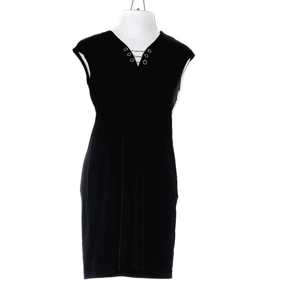 Black Sleeveless Bodycon Dress with V-Neck Chains Sz M - Picture 1 of 9